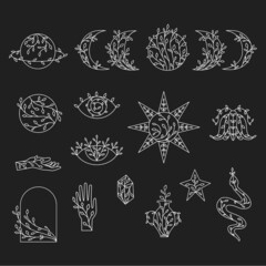 Set of outline floral moon phases, sun, stars, saturn, snake, moth, hands, eyes, crystal, vase.