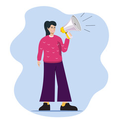 A girl in a pink sweater and purple pants holds a megaphone and speaks loudly. Vector stock illustration. Flat style. Character