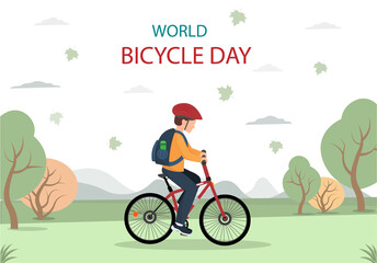 World bicycle day poster with young boy riding bicycle on the nature background, healthy lifestyle concept, environment protection concept, flat vector illustration