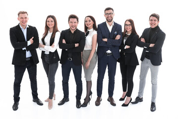 Happy business team with arms crossed over white background