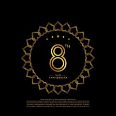 8 years anniversary celebration logotype with gold color, for booklet, leaflet, magazine, brochure poster, banner, web, invitation or greeting card. Vector illustrations.