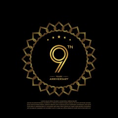9 years anniversary celebration logotype with gold color, for booklet, leaflet, magazine, brochure poster, banner, web, invitation or greeting card. Vector illustrations.