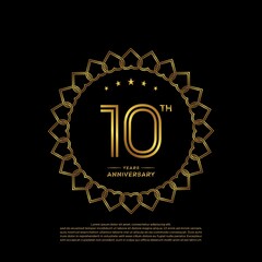 10 years anniversary celebration logotype with gold color, for booklet, leaflet, magazine, brochure poster, banner, web, invitation or greeting card. Vector illustrations.