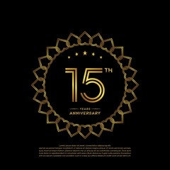 15 years anniversary celebration logotype with gold color, for booklet, leaflet, magazine, brochure poster, banner, web, invitation or greeting card. Vector illustrations.