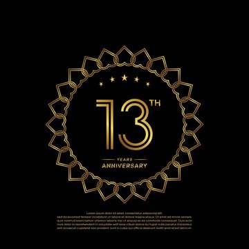13 years anniversary celebration logotype with gold color, for booklet, leaflet, magazine, brochure poster, banner, web, invitation or greeting card. Vector illustrations.