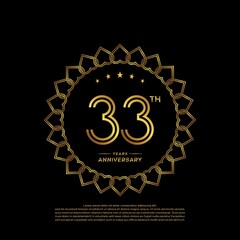 33 years anniversary celebration logotype with gold color, for booklet, leaflet, magazine, brochure poster, banner, web, invitation or greeting card. Vector illustrations.