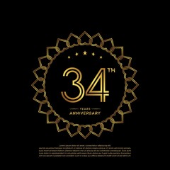 34 years anniversary celebration logotype with gold color, for booklet, leaflet, magazine, brochure poster, banner, web, invitation or greeting card. Vector illustrations.