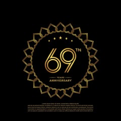 69 years anniversary celebration logotype with gold color, for booklet, leaflet, magazine, brochure poster, banner, web, invitation or greeting card. Vector illustrations.