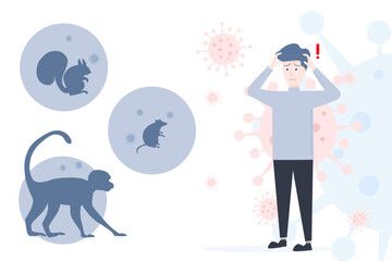 young man in casual work clothes has a worried expression on his face about the smallpox outbreak, infographic shows the virus carriers,monkeys,squirrels and mice,virus cell ,vector illustration.