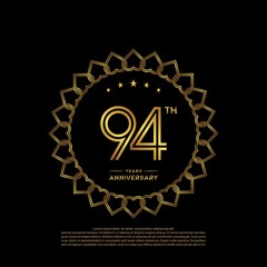 94 years anniversary celebration logotype with gold color, for booklet, leaflet, magazine, brochure poster, banner, web, invitation or greeting card. Vector illustrations.