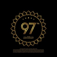 97 years anniversary celebration logotype with gold color, for booklet, leaflet, magazine, brochure poster, banner, web, invitation or greeting card. Vector illustrations.