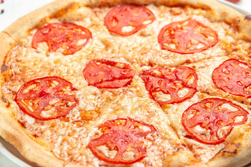 slices of pizza margherita. Pizza margarita and hand close up. Food recipe background