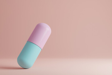 Single big two-half capsule on a pastel pink background.3D medical template
