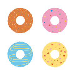 Four donuts of different colors with different glazes. Hand Drawn. Freehand drawing. Doodle. Sketch.