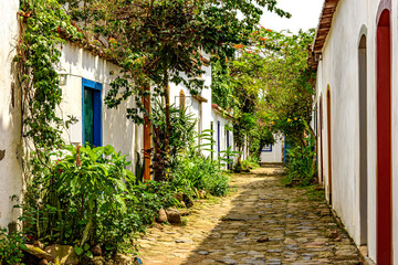 Fototapeta na wymiar Beutiful street of the historic city of Paraty with its cobblestones and old colonial-style houses with a facade decorated with plants and flowers