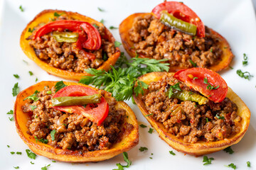 Traditional Turkish food; baked potato dish with minced meat, Turkish name; Patates karniyarik