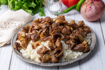 Turkish Meat Et Kavurma with rice - pilav (Turkish name; kurban kavurma, pilav ustu kavurma)