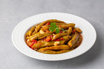 Traditional delicious Turkish food; Green beans with olive oil; Turkish name; Zeytinyagli taze fasulye