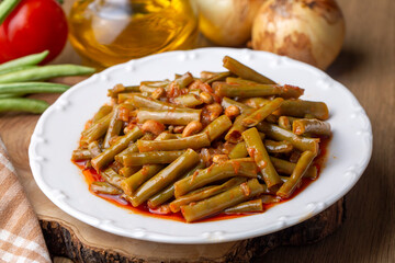 Traditional delicious Turkish food; fresh green black eyed peas food (Turkish name; Zeytinyagli yesil taze borulce or acebek)