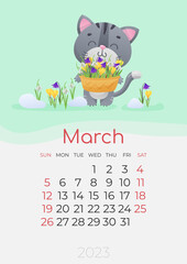 Calendar of 2023 year, March, poster with cute gray kitty, cat with a straw basket of first flowers, snowdrops, crocuses. Vector illustration for postcard, banner, web, design, arts.