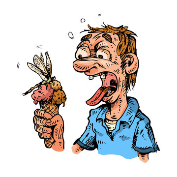A man disgusted : ice cream with dragonfly	