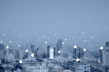 Smart network and Connection technology concept with Tel Aviv city blue background. Smart city and...