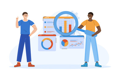 business man analytics and monitoring on web report web page concept and vector illustration business man working