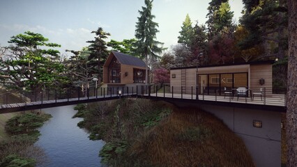 building exterior with wooden bridge sunny 3d illustration