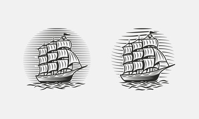 Sail ship vintage icon, logo. Vintage Ship with waves isolated on white background. Nautical, Marine logo, emblem, label template. Vector illustration