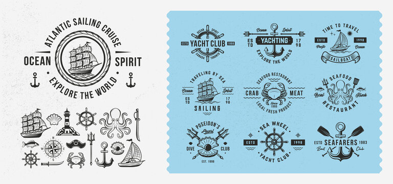 Vector vintage Nautical, Sea logo set. Set of 10 Nautical logo templates and 16 design elements for logo design. Ship, Sailing, Yachting, Seafood restaurant emblems. Trendy vintage hipster design.