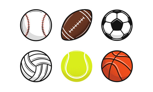 Set of 6 Sport balls icons. Baseball, American Football, Soccer, Volleyball, Tennis, Basketball. Modern design. Vector illustration.