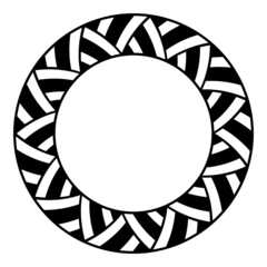Abstract round meander, circular geometric ornament, striped frame from triangles, stripes. Stencil. Isolated on white background. Place for text. Vector monochrome template for invitations, greeting 