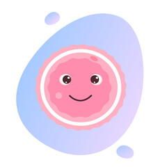 Oocyte with eyes and a smiling mouth on a gradient abstract background. Cartoon egg, concept of donation, charity, motherhood