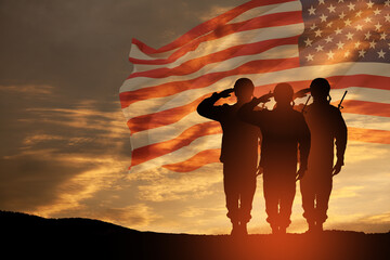 USA army soldiers saluting on a background of sunset or sunrise and USA flag. Greeting card for Veterans Day, Memorial Day, Independence Day. America celebration. 3D-rendering. - obrazy, fototapety, plakaty