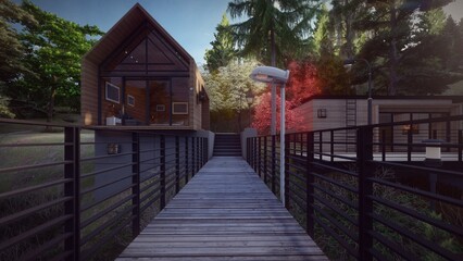 Fototapeta na wymiar modern wooden house building with bridge entrance architectural design 3d illustration