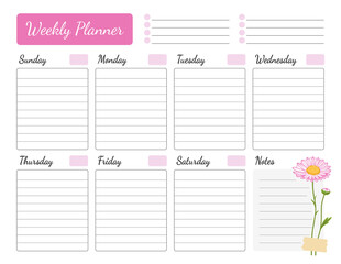 Weekly planner with floral design. Schedule decorated with daisy flower. Calendar, organizer, to do list. Vector printable template starting with sunday, a4 size.