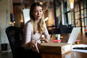 Happy businesswoman working on laptop. Portrait of beautiful businesswoman in the office