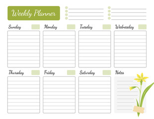 Weekly planner with floral design. Schedule decorated with gagea lutea flower. Calendar, organizer, to do list. Vector printable template starting with sunday, a4 size.