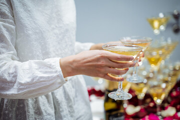 Glasses of champagne in the hands of a waitress girl, light sparkling wine, distribution of glasses with whiskey, cocktail party, alcoholic beverages spill