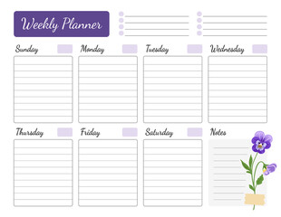 Weekly planner with floral design. Schedule decorated with violet pansy flower. Calendar, organizer, to do list. Vector printable template starting with sunday, a4 size.