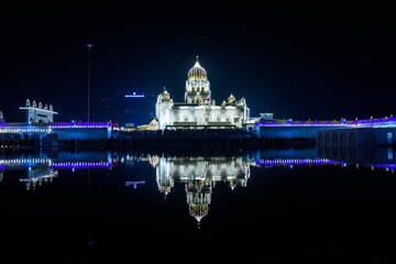 Gurudwara Bangla Sahib illuminated with lights on the eve of Guru Nanak Jayanti (guru purnima) in...