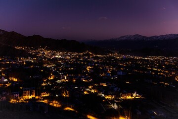 Beautiful view of evening at Leh city from shanti stupa in Leh Ladakh, India