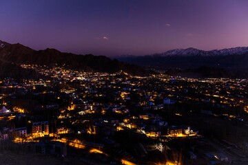 Fototapeta premium Beautiful view of evening at Leh city from shanti stupa in Leh Ladakh, India