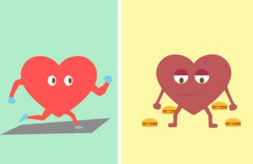 illustration about the heart, difference between a healthy heart and a sick one, illustration for children