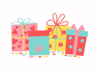 Gifts in boxes. Doodle drawings. Festive decor. Bright colored packaging with gifts for Birthday,  holidays. Vector illustration.