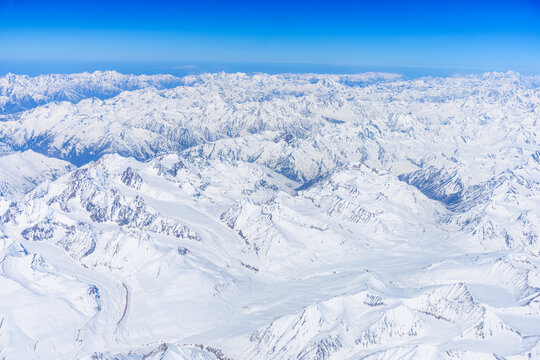 Ariel view of snow laden mountain of Himalayas in Ladakh region, India