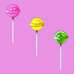 3 vector set of Lollipops. Pink, yellow and green.
