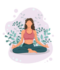 Woman meditating and relaxing in nature. Peaceful person practicing yoga, spiritual meditation in zen lotus pose. Harmony and peace concept. Flat vector illustration isolated on white background