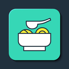 Filled outline Ramen soup bowl with noodles icon isolated on blue background. Bowl of traditional asian noodle soup. Turquoise square button. Vector