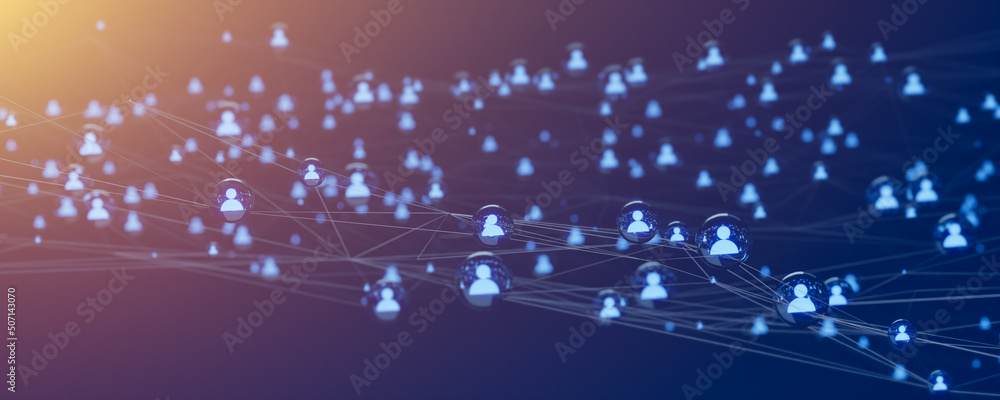 Poster panoramic view of connecting people with internet communication. social media and network community 